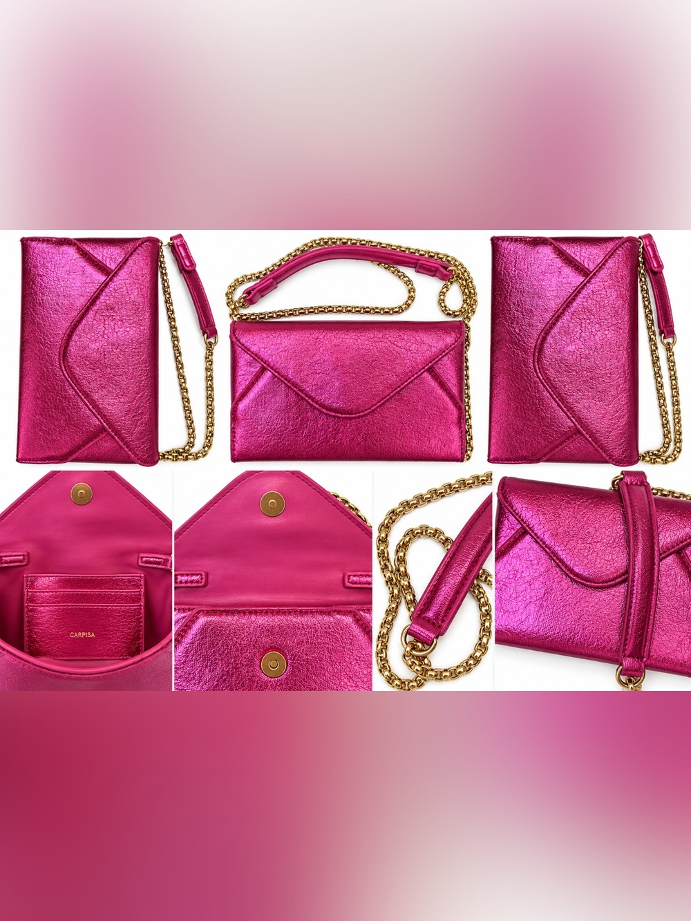 CARPISA Metallic Fuchsia Pink Envelope Crossbody Gold Chain Bag